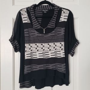 SOLD Michael Tyler Top Slouchy Hooded Artsy Short Sleeve Zip Shirt - Medium